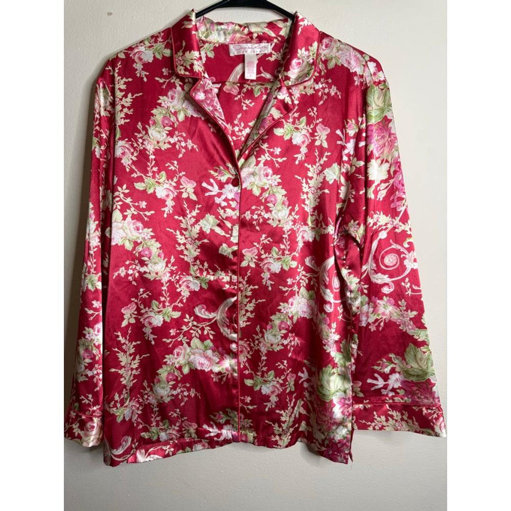 Women's Oscar de la Renta Red Satiny Floral Pajamas Set S